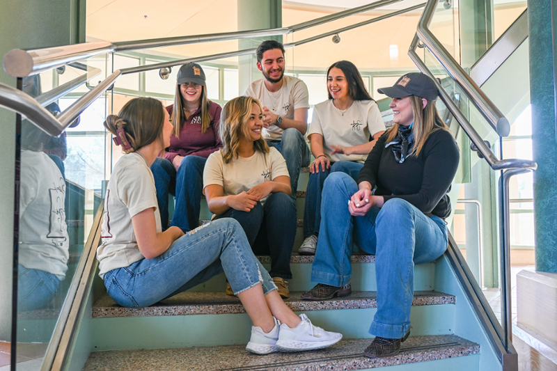 Image of six students sitting on stairs laughing and talking. Each student is wearing jeans and NMSU shirts or baseball caps. 